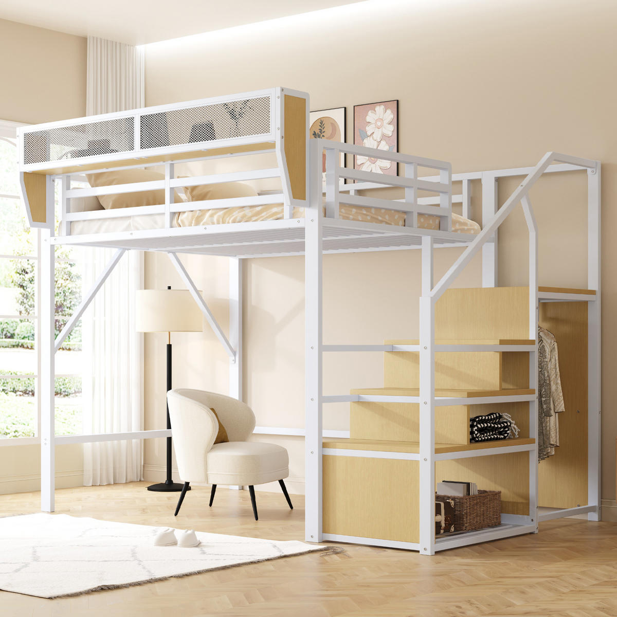 HOCHBETT 140/200 cm aus Metall mit Ablagefach und Leiter, Weiß - Weiß, Metall (140/200cm) - OKMYHOME