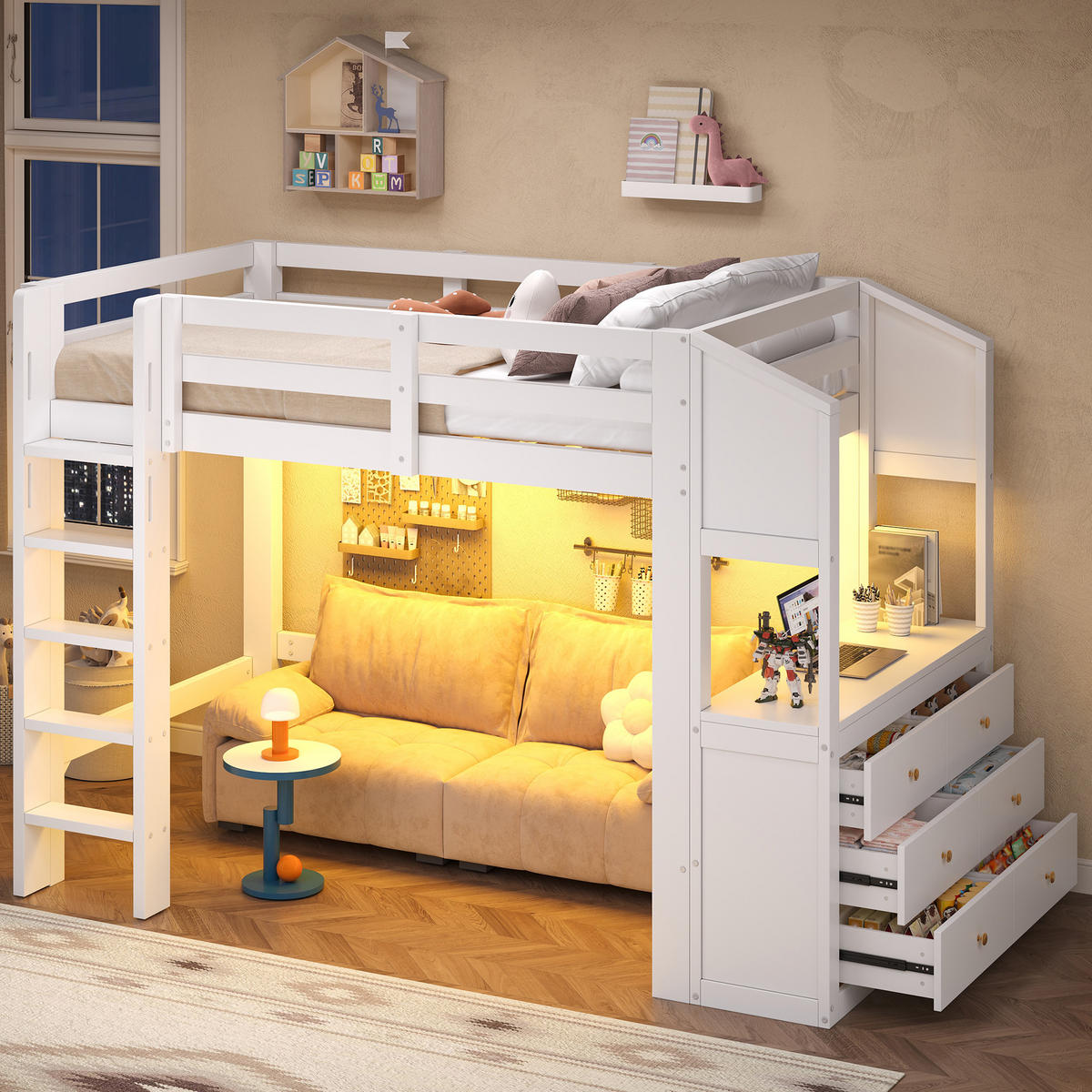 HOCHBETT weiß 90 × 200 cm aus Kiefernholz‑MDF mit 3 Schubladen und Regalen, LED‑Beleuchtung - Weiß, Holzwerkstoff (90/200cm) - Luhomfu