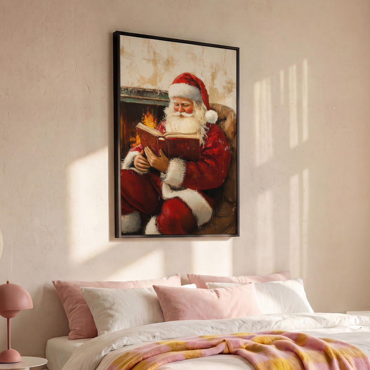 LEINWAND Bilder mit Rahmen - Weihnachten - Weihnachtsmann - Winter - Open Fireside - 100x150 - Dunkelrot, Textil (100/150cm) - MuchoWow