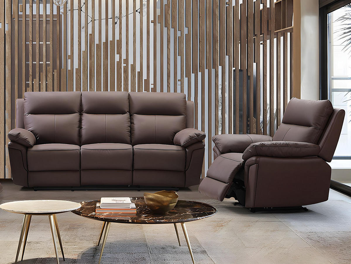 SOFAGARNITUR mit Relaxfunktion - -Sitzer - Leder - Schokoladenbraun - - Braun, Leder (208/102/92cm) - Vente-Unique