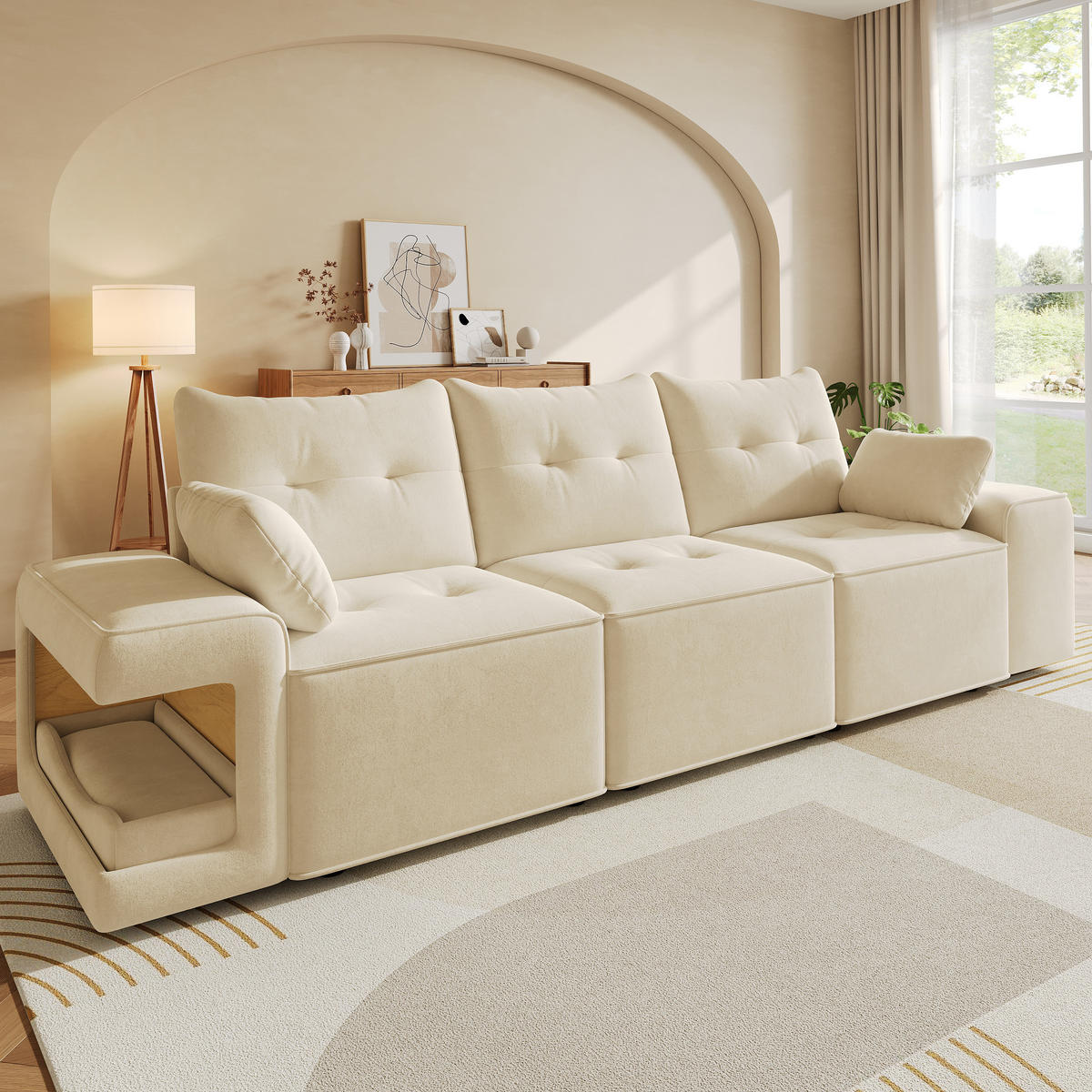 SOFA Beige 3 Sitzer Stauraum breite Armlehnen Kissen - Beige, Textil (78/84/229.5cm) - FLIEKS