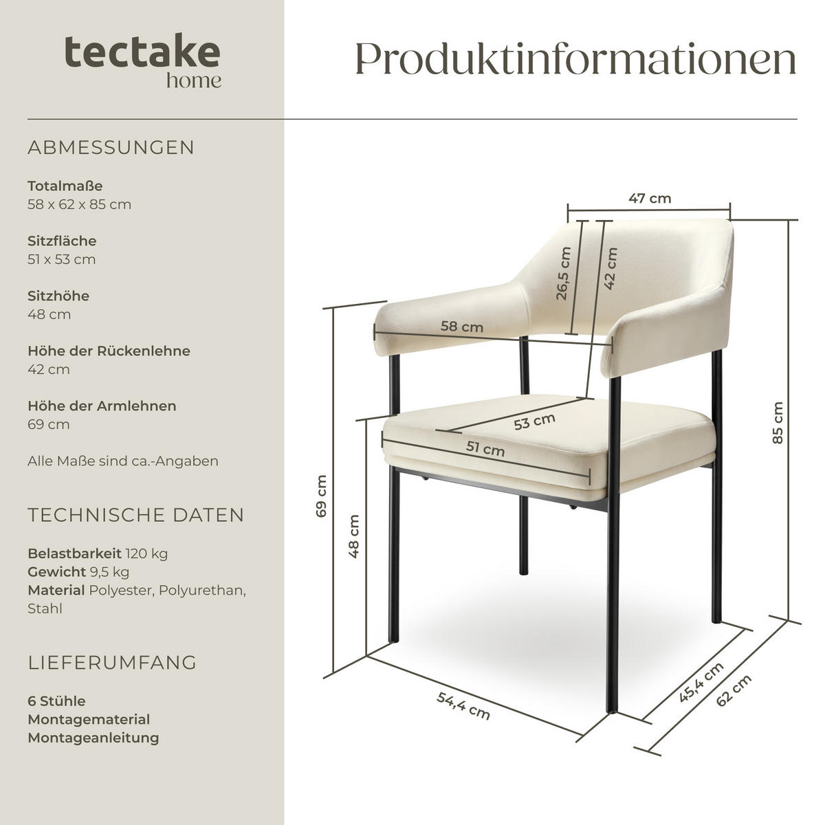 ARMLEHNSTUHL 6er Set Doé 58 x 62 x 85 cm Samtoptik off-white - Weiß/Samtahornfarben, Textil (58/85/62cm) - tectake