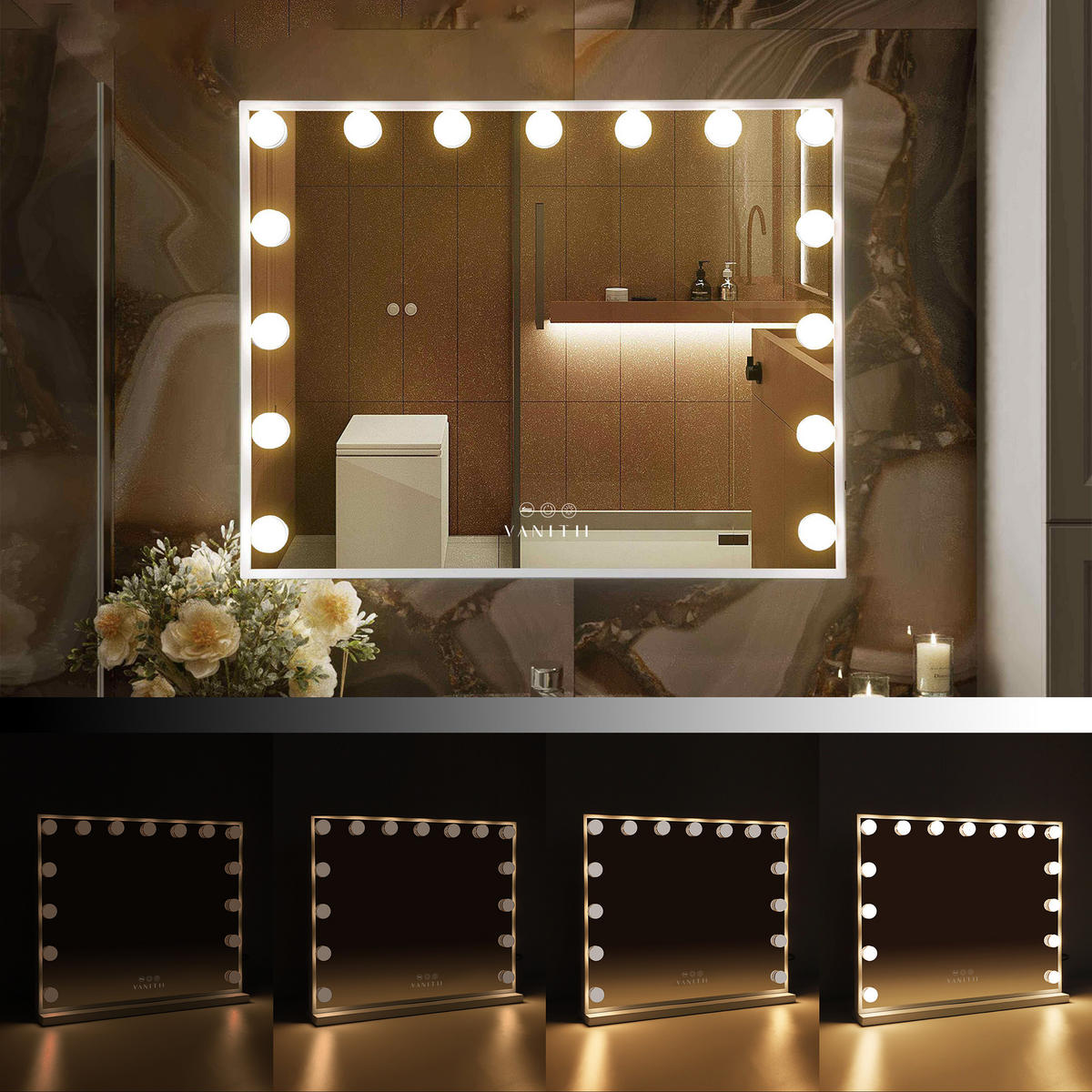 SCHMINKSPIEGEL mit LED-Beleuchtung weiß 58/46 cm - Weiß, Metall (58/46/3cm) - VANITII