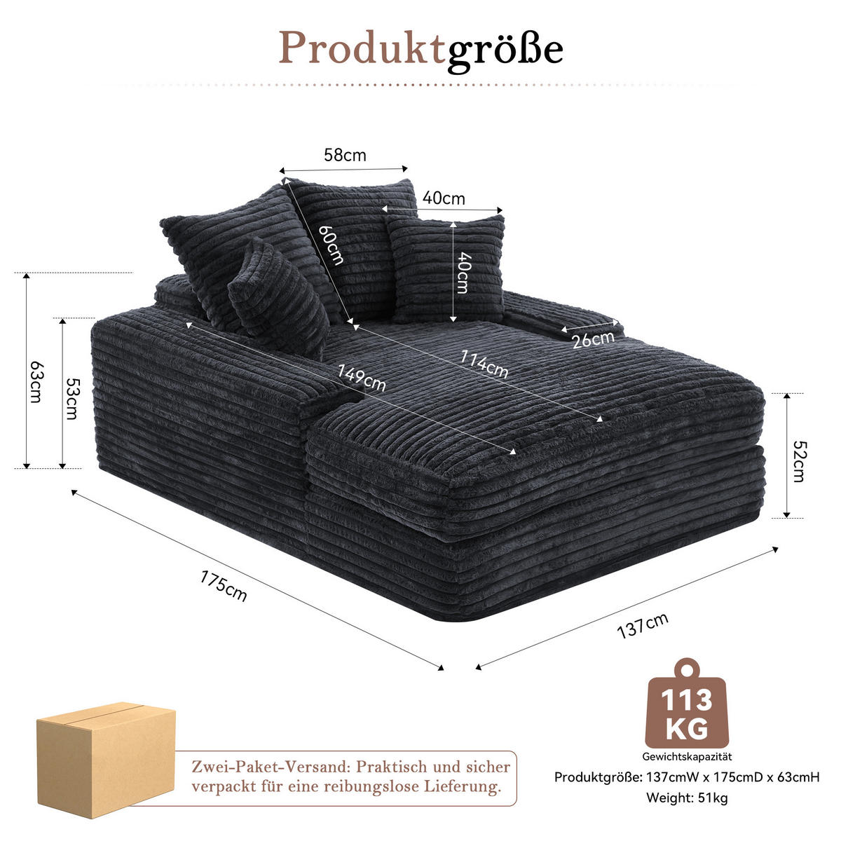 CHAISELONGUE Cordstoff mit Memory-Schaum und 4 Kissen 137/175/63 cm Grau - Grau, Textil (137/63/175cm) - Redom