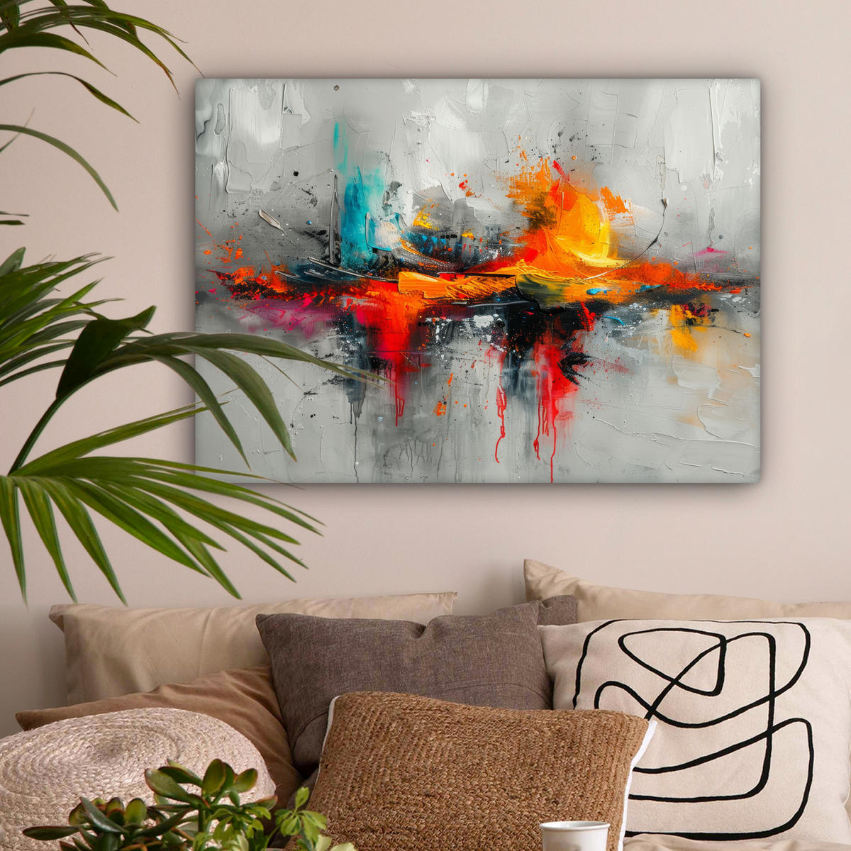 LEINWANDBILD Moderne Kunst - Orange - Grau - Abstrakt Wandbilder 80x60 cm - Hellgrau, Textil (80/60cm) - MuchoWow