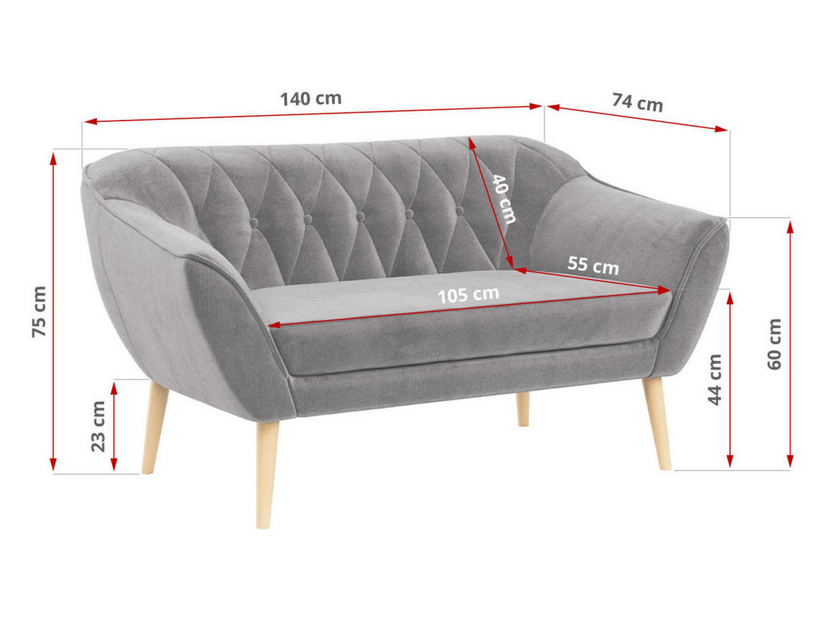 SOFA Pirs 2 Sitzer Velvet Hellgrau - Hellgrau/Braun, Holz/Textil (140/75/74cm) - MKS