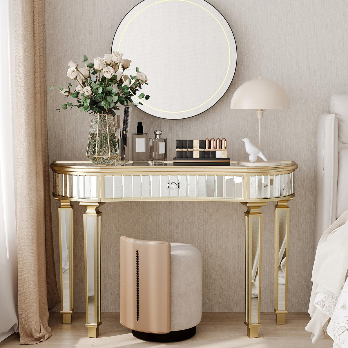 KONSOLENTISCH DE-37268 120 cm halbmondförmig mit Spiegel Gold - Goldfarben, Holzwerkstoff (120/38/78cm) - ComfortXL
