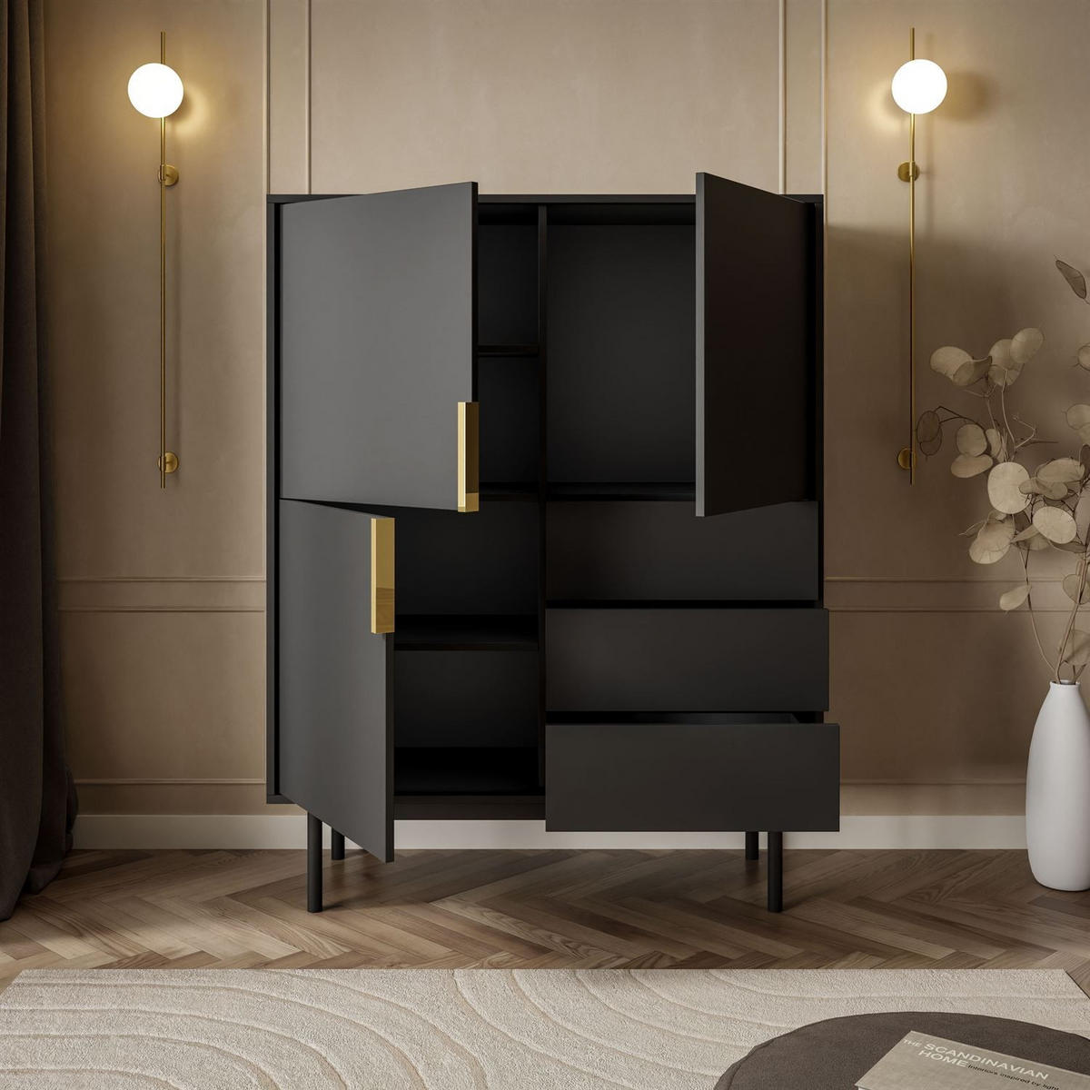 KOMMODE MIRACLE 3D3S mit Schubladen dreitrürig Schwarz - Schwarz, Holzwerkstoff (104/134/39cm) - Lookway