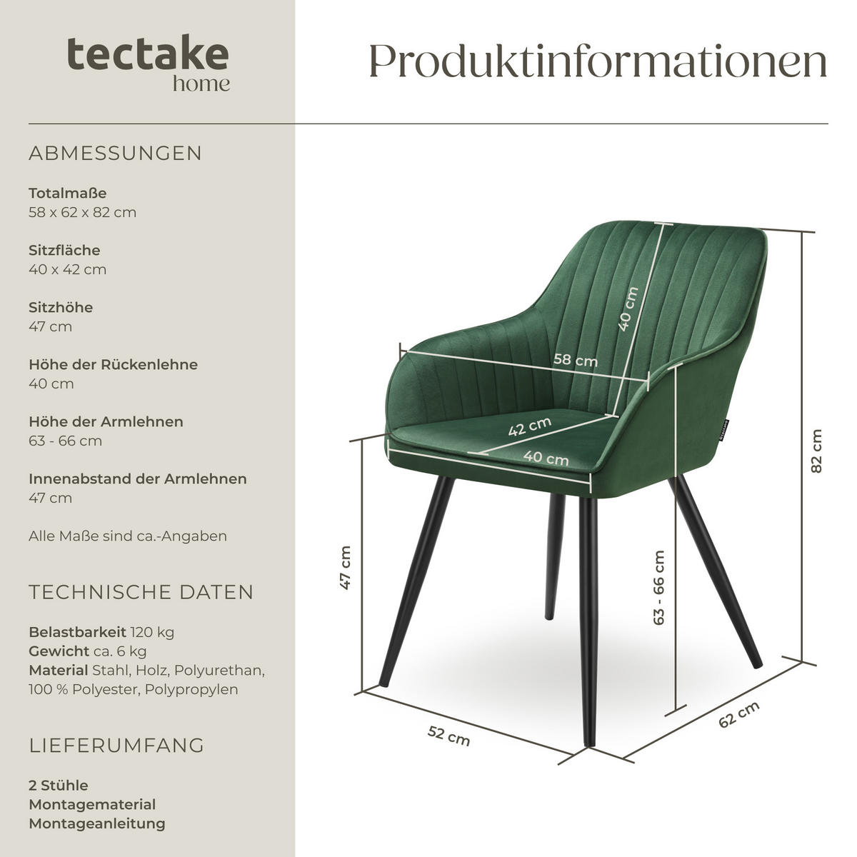 ESSZIMMERSTUHL 2er Set Marilyn 58 x 62 x 82 cm dunkelgrün/schwarz - Dunkelgrün/Schwarz, Metall (58/82/62cm) - tectake