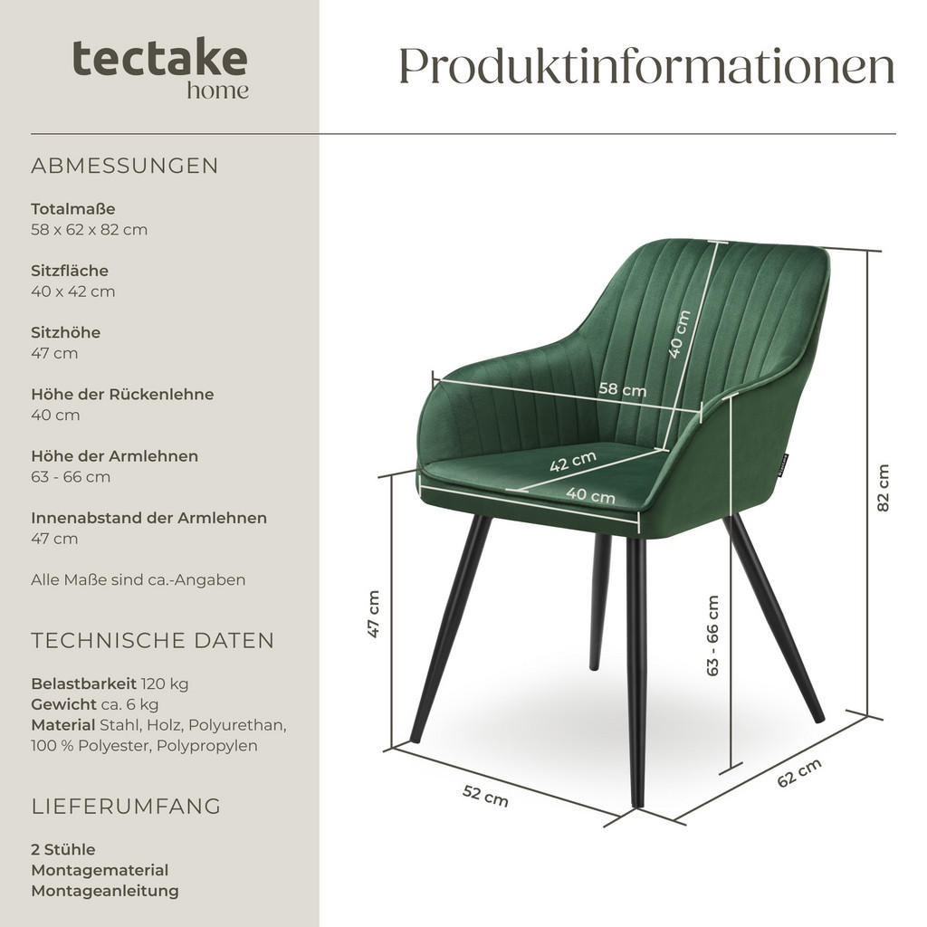 Thumbnail - tectake Esszimmerstuhl, Dunkelgrün, Schwarz, Metall, Pappel, 58x82x62 cm, Esszimmer, Stühle, Esszimmerstühle, Armlehnens...