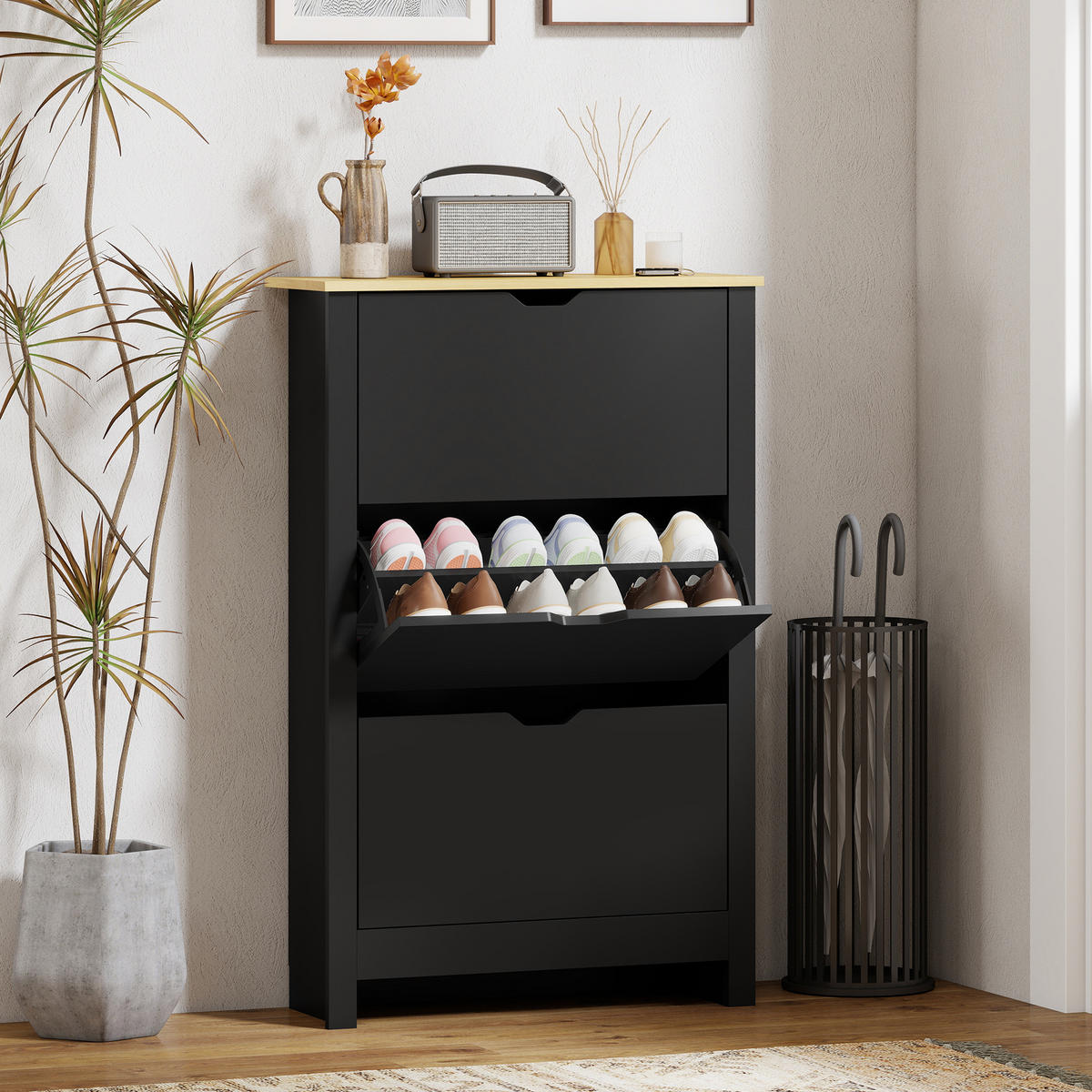 SCHUHSCHRANK Schwarz Eiche Spanplatte mit 3 Klappen platzsparend 1 Stück - Schwarz, Holz (72/112/26cm) - PANGIVO