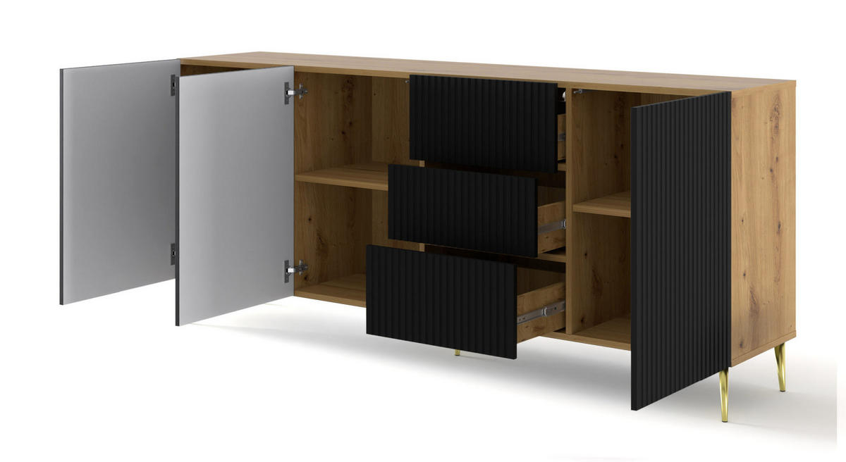 KOMMODE Artisan Eiche, Schwarz, Gold 200/87/42 - Schwarz, Holzwerkstoff (200/87/42cm) - RAUMHIRSCH FURNITURE