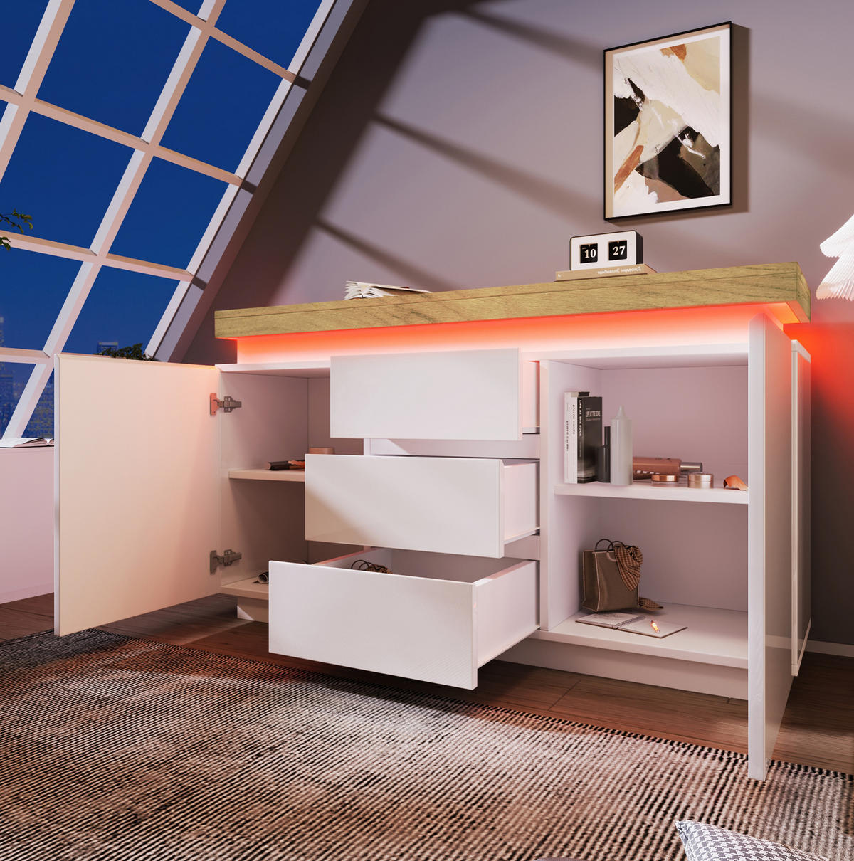 KOMMODE 140/39/81 cm in Weiß mit LED-Beleuchtung und 2 Türen - Weiß, Holzwerkstoff (140/81/39cm) - BEAOK