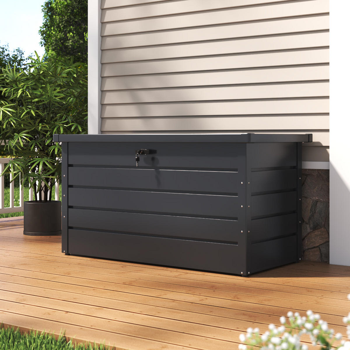 GARTENBOX Auflagenbox Kissenbox mit Schloss für Werkzeuge aus Metall in Schwarz in AußenGarten abschließbar 120 x 61 x 63 cm 20 kg - Schwarz, Metall (120/63/61cm) - Livingandhome
