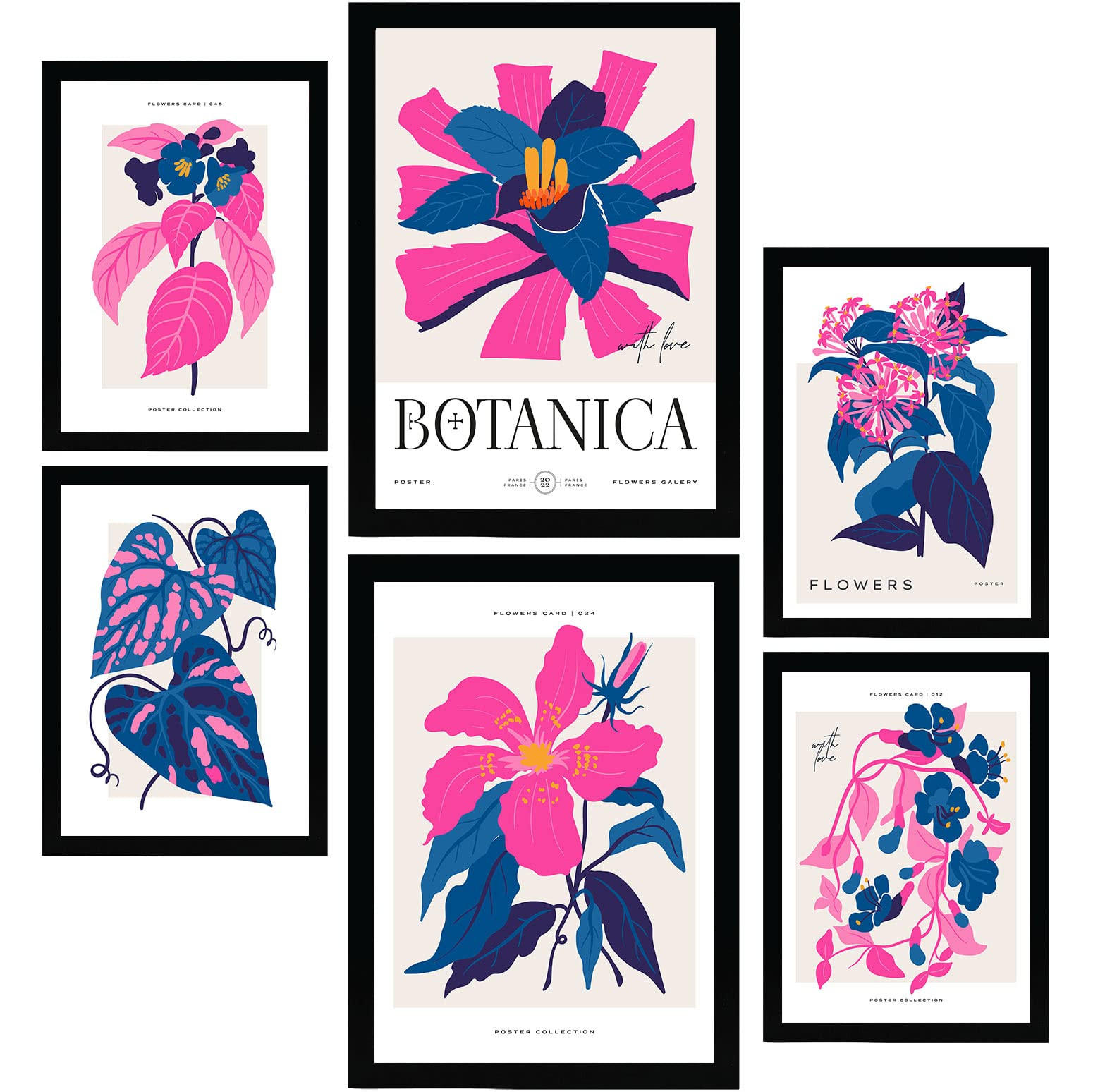 POSTER Set Mit 6 Blumen Rosa Explosionen Natur Und Botanikdrucke Für Innenarchitektur A3 & A4 Schwarzer Rahmen - Schwarz, Papier (29/3cm) - Nacnic