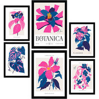 POSTER Set Mit 6 Blumen Rosa Explosionen Natur Und Botanikdrucke Für Innenarchitektur A3 & A4 Schwarzer Rahmen - Schwarz, Papier (29/3cm) - Nacnic