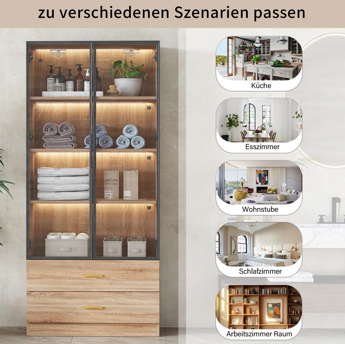 VITRINE 75 cm Braun mit Lichtleiste und Glastür - Braun, Holzwerkstoff (75/170/34.5cm) - Flora Grace