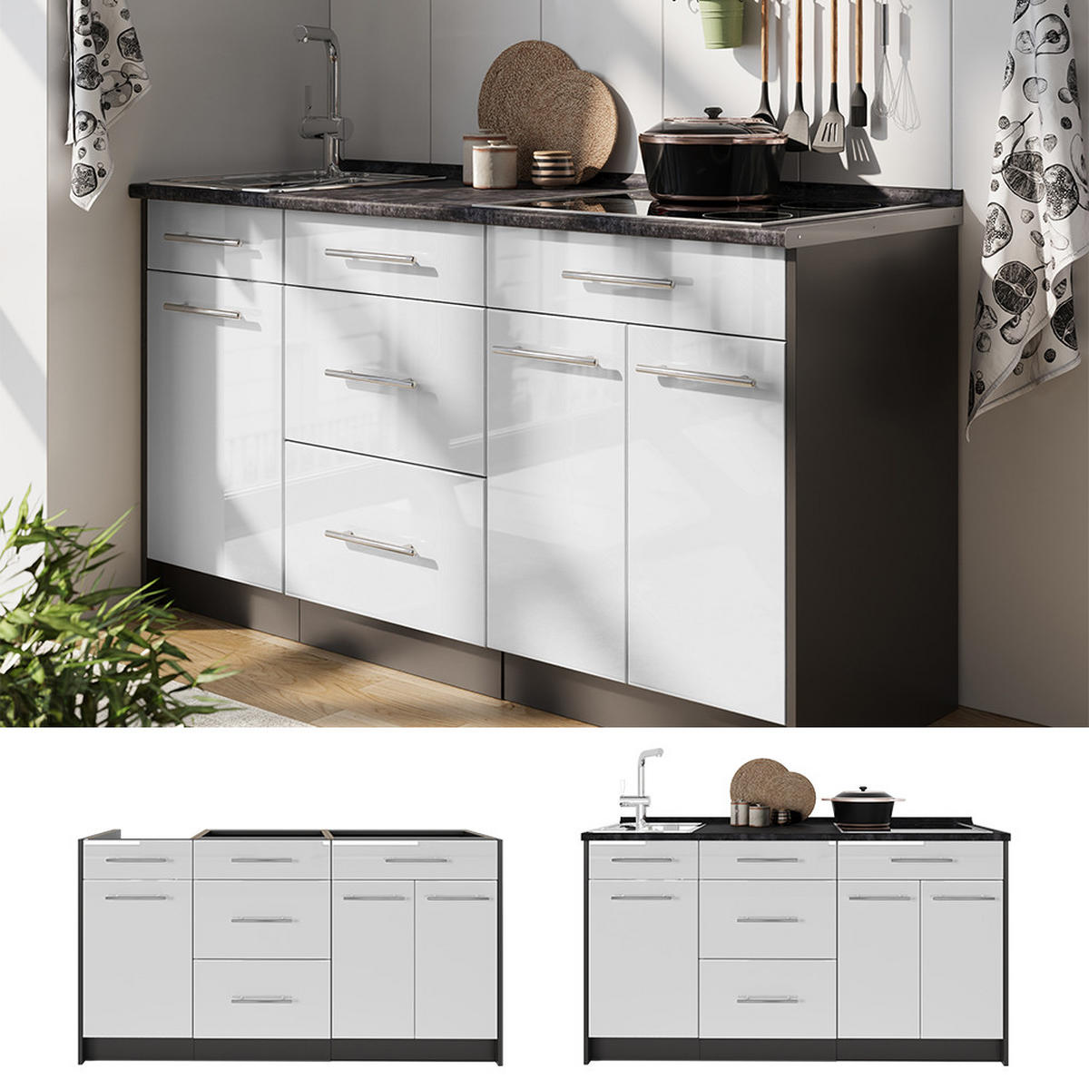 KUCHYNSKÝ BLOK Fame-Line, Biely vysoký lesk, 150 cm, AP Antracit - biela s vysokým leskom/antracitová, kompozitné drevo (150/82/60cm) - Vicco