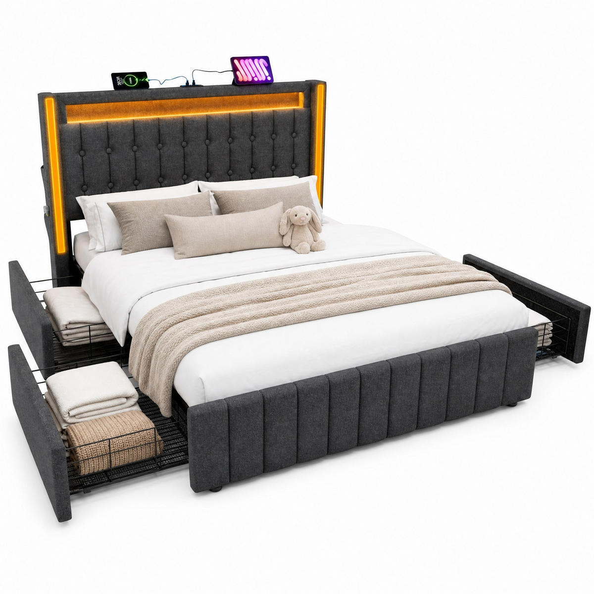 POLSTERBETT 140/200 cm in Grau Leinen mit 4 Schubladen, LED, USB und Type-C - Grau, Holzwerkstoff/Textil (140/200cm) - CHICFURN