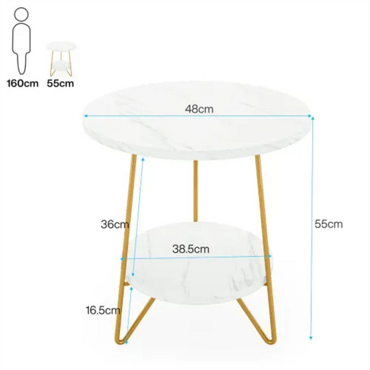 COUCHTISCH rund mit 2 Ebenen, Marmoroptik Weiß-Gold, Maße 48x48x55 cm - Weiß, Holzwerkstoff (48/48/55cm) - Blomus
