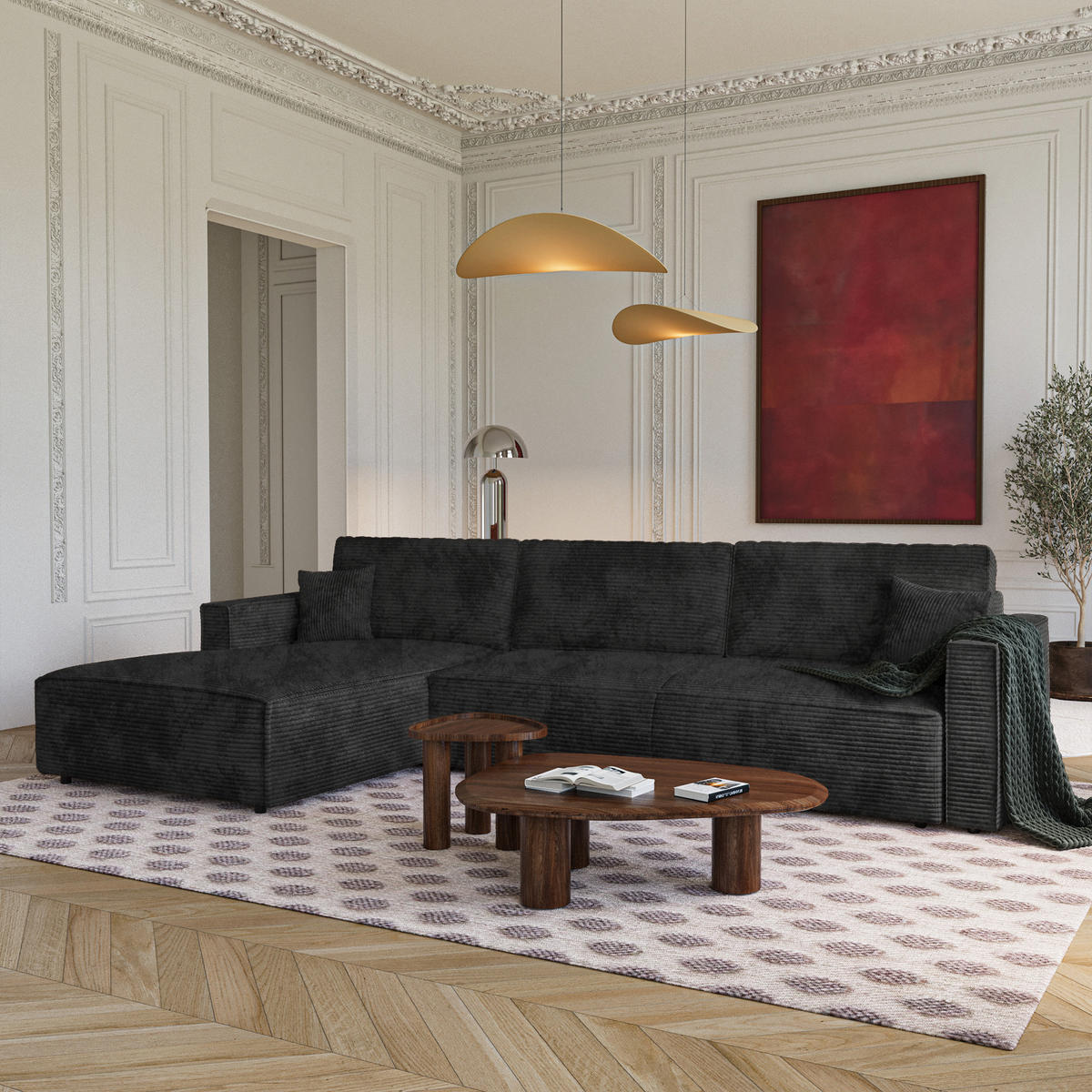 LINKSECK-SCHLAFSOFA mit Stauraum Cord Schwarz 297cm - Schwarz, Textil (297/167cm) - Premium Interiors