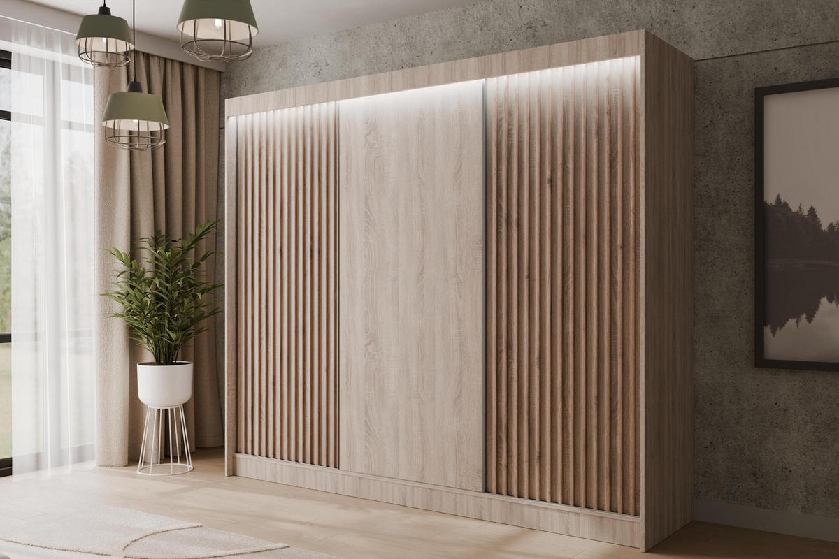 KLEIDERSCHRANK mit LED, Lamel-Schiebetüren VILANv2 - 250 cm Sonoma Eiche + Sonoma Eiche + Lamelle Eiche Wotan - Eiche Wotan/Sonoma Eiche, Holzwerkstoff (250/215/61cm) - ALTDECOR