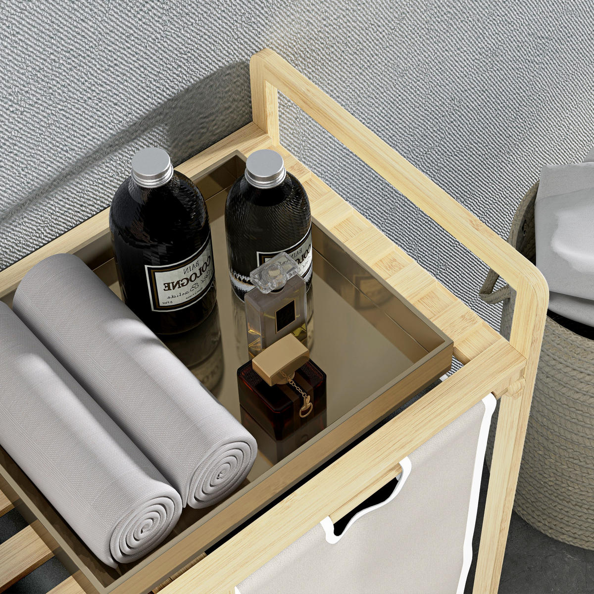 WÄSCHEKORB Wäschebox mit 2 abnehmbaren Wäschesacke Wäschesortierer Bambus - Creme/Naturfarben, Naturmaterialien (33/73/63.5cm) - HOMCOM