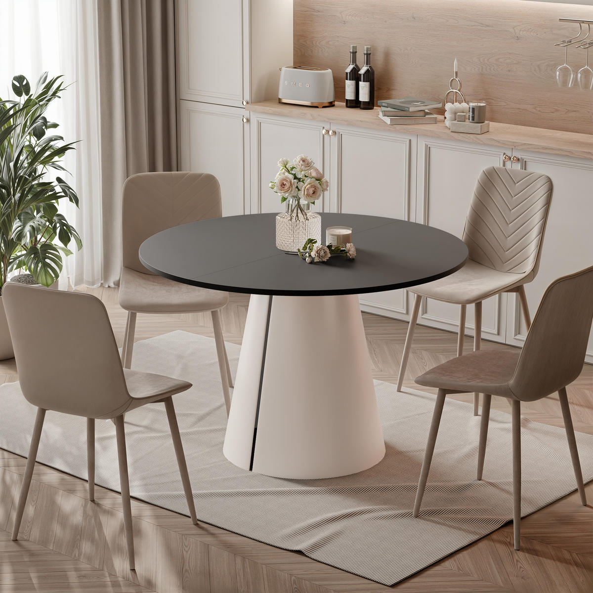 AUSZIEHTISCH BASE 120-196/76 cm, Kaschmir / Schwarz - Kaschmir/Schwarz, Holzwerkstoff/Metall (120/120/76cm) - Idohome