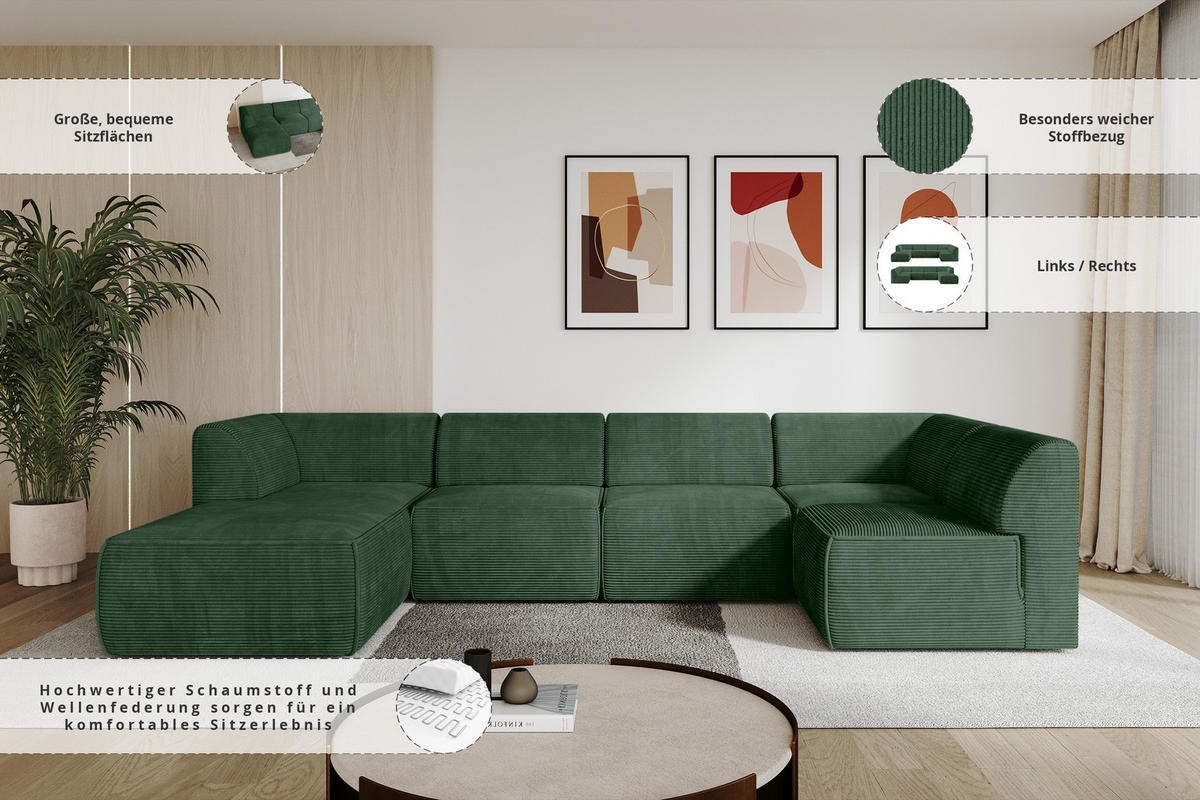 WOHNLANDSCHAFT Ottomane Links MOVO-L 345x180x78 cm Grün Cord - Waldgrün/Schwarz, Holzwerkstoff/Kunststoff (180/78/345cm) - ALTDECOR