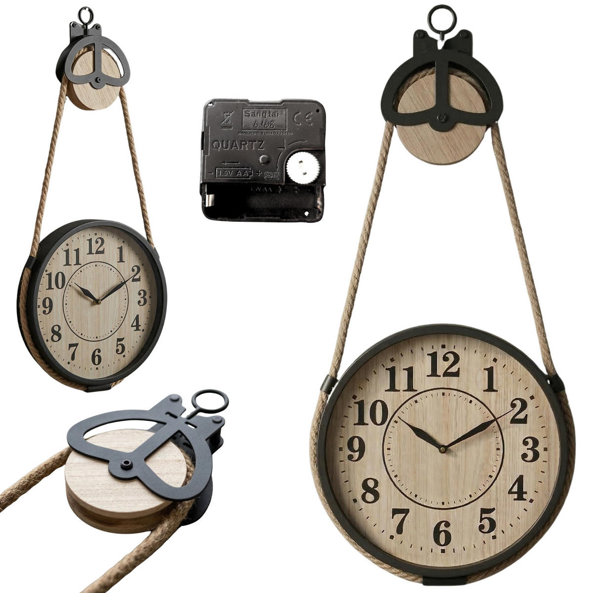 WANDUHR mit Juteseil Palo 27/31/73 cm - Schwarz, Metall (31/73/27cm) - SCENA LIVING