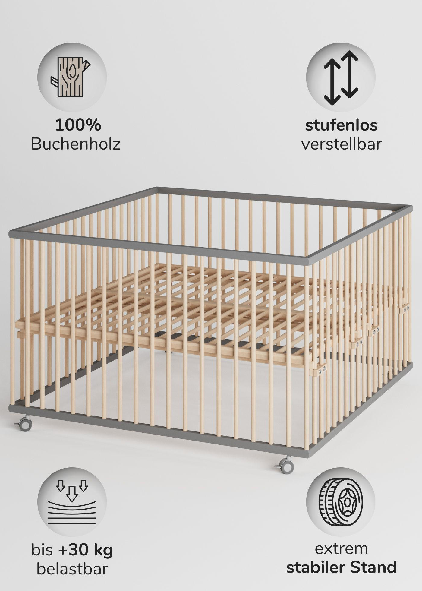 LAUFGITTER XXL 120x120 cm mit Lattenrost - grau/natur - Premium Kollektion - Naturfarben/Grau, Holz (120/74/120cm) - Sämann – make a difference.
