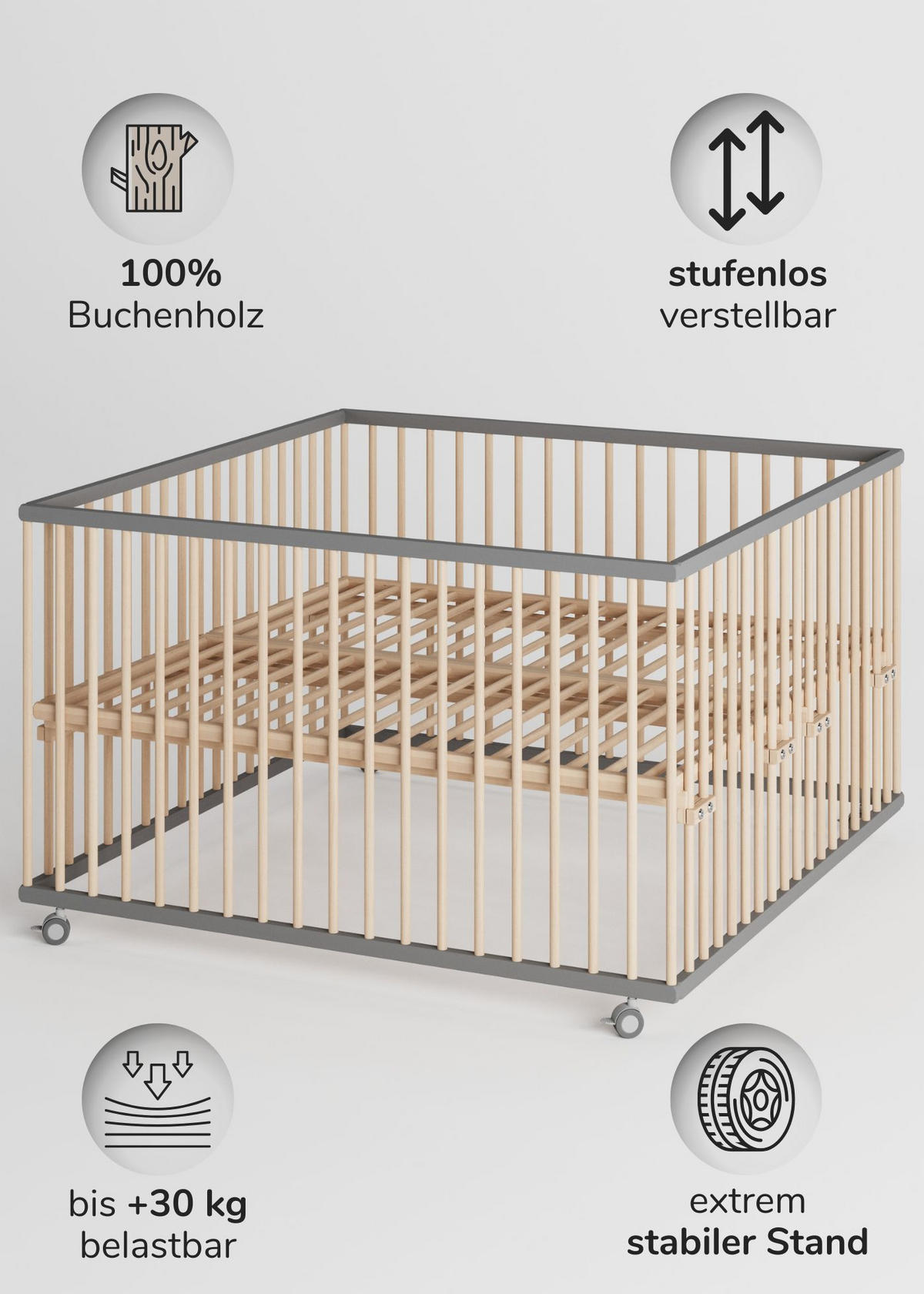 LAUFGITTER XXL 120x120 cm mit Lattenrost - grau/natur - Premium Kollektion - Naturfarben/Grau, Holz (120/74/120cm) - Sämann – make a difference.