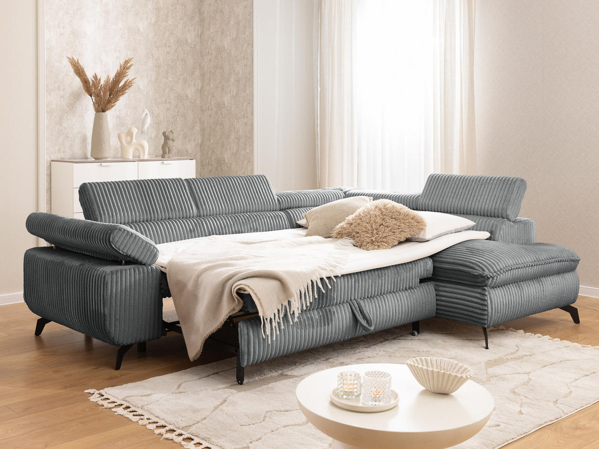 ECKSOFA mit Schlaffunktion und Bettkasten Bonnie aus Grau Cord-Stoff mit verstellbaren Kopfstützen und Armlehne - Ottomane rechts - Schwarz/Grau, Holz/Textil (275/210cm) - S-Style Möbel