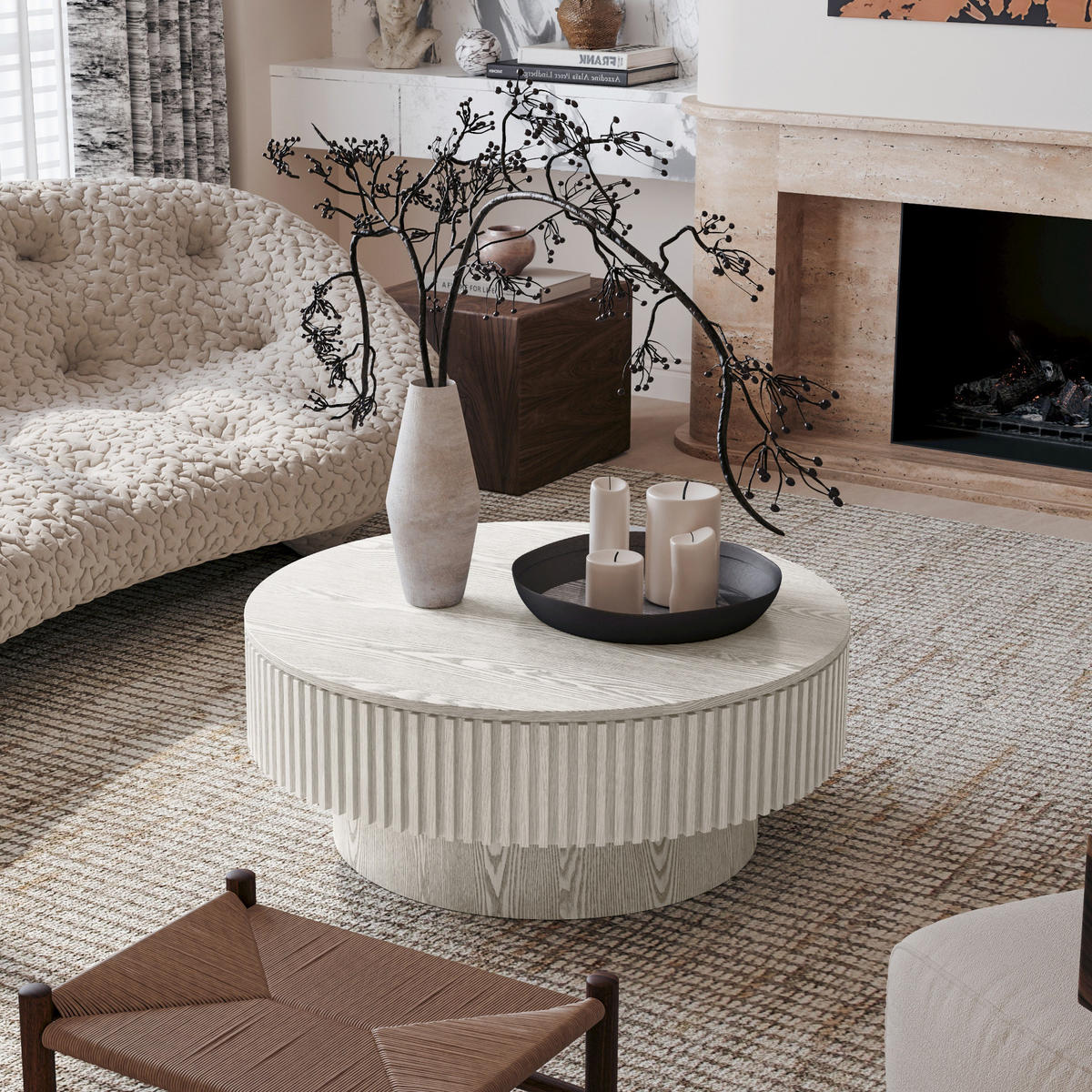 COUCHTISCH DE-37318 rund mit verstecktem Stauraum und Rillendesign Retro-Weiß - Weiß, Holzwerkstoff (75/75/35cm) - ComfortXL