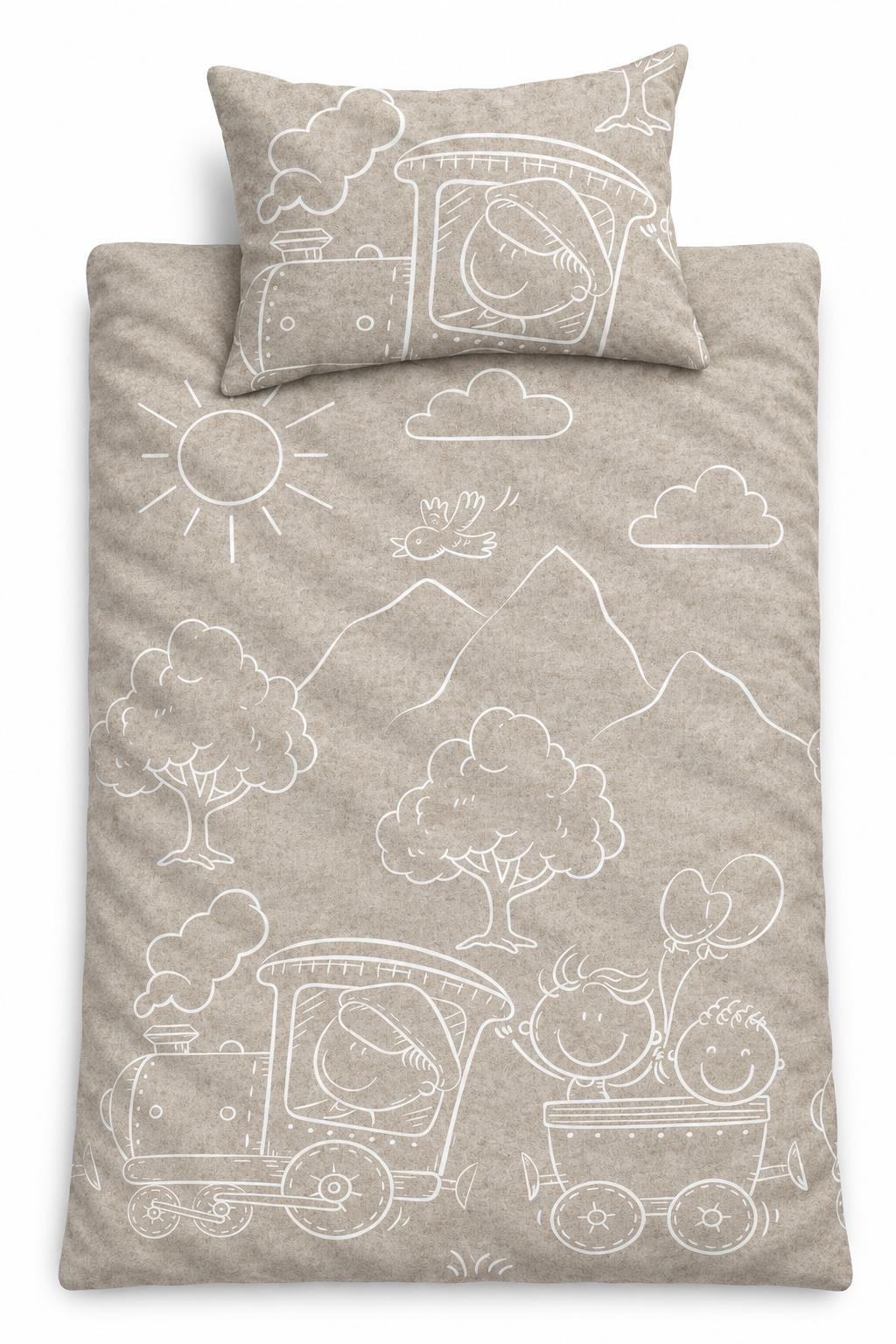 BIBER-BETTWÄSCHE 100x135 Baby - Made in Germany! Flauschig warmer Flanell Kinder Bettbezug aus 100% Baumwolle für Herbst & Winter - Lokomotive Natur - Naturfarben, Textil (100/135cm) - Carpe Sonno