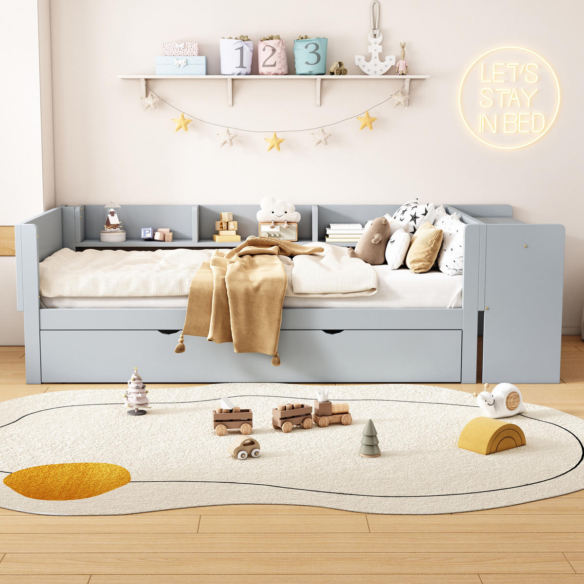 FLACHBETT 90/200 cm Grau mit ausziehbarem Bett und Schreibtisch aus Kiefernholz und MDF - Grau, Holz (90/200cm) - OKWISH