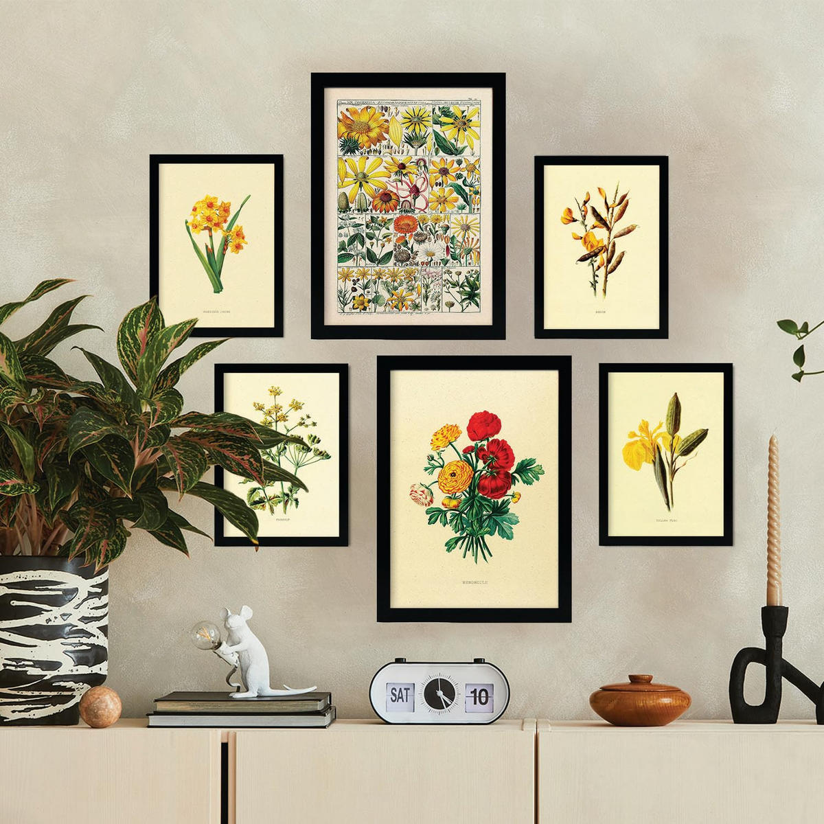 POSTER Set Mit 6 Gelbe Blumen In Vintage A3 & A4 Schwarzer Rahmen - Schwarz, Papier (29/3cm) - Nacnic
