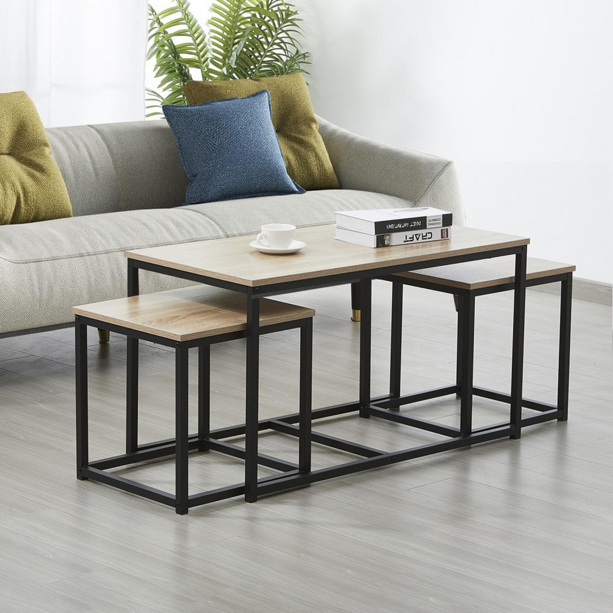 COUCHTISCH CALVI 3ER-SET /Eiche gebleicht und Metallgestell schwarz - Multicolor/Schwarz, Holzwerkstoff/Metall (90/45/50.5cm) - Weber Industries
