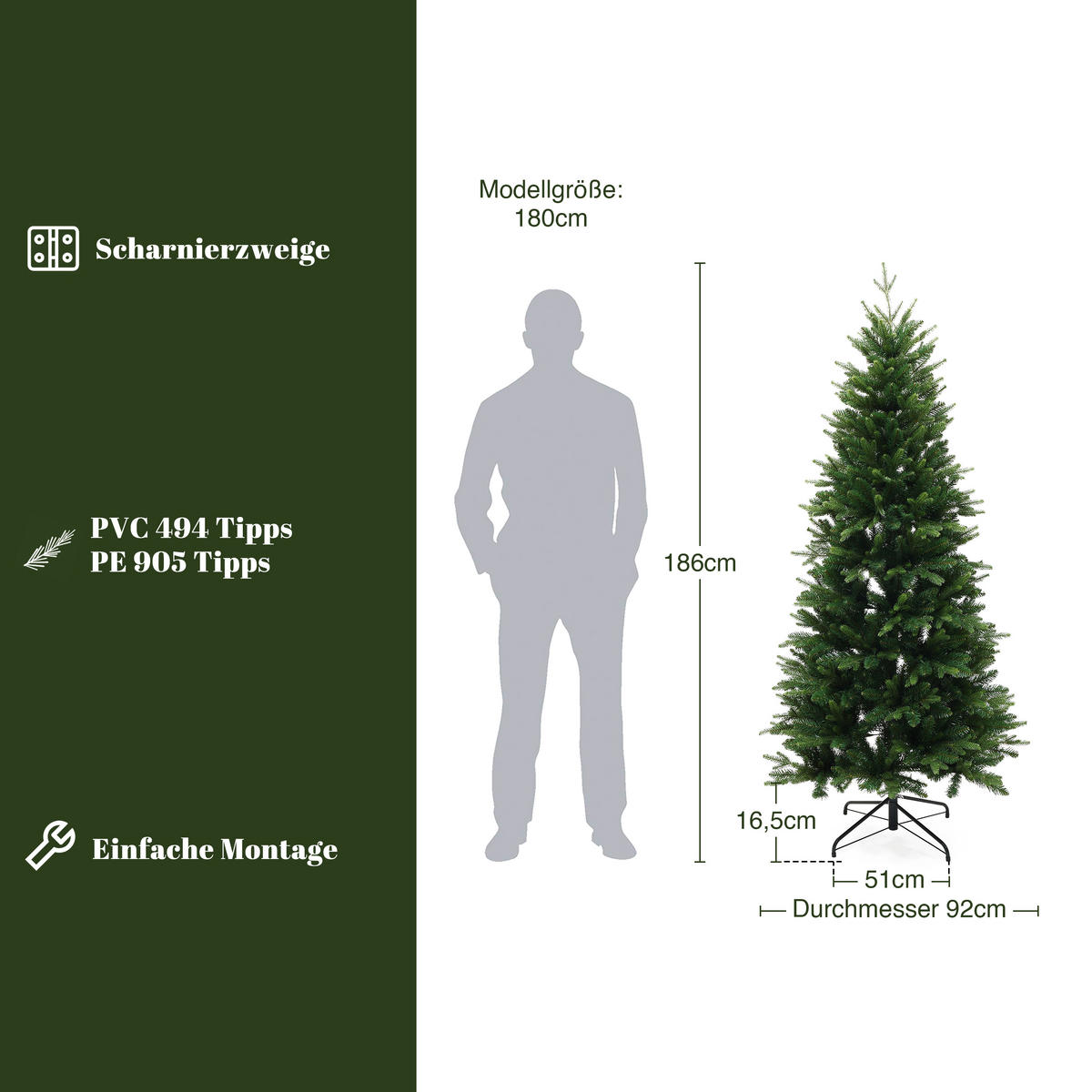KÜNSTLICHER Weihnachtsbaum 186 cm mit 1.399 PE/PVC-Spitzen - Grün, Kunststoff (92/186cm) - Hometopia