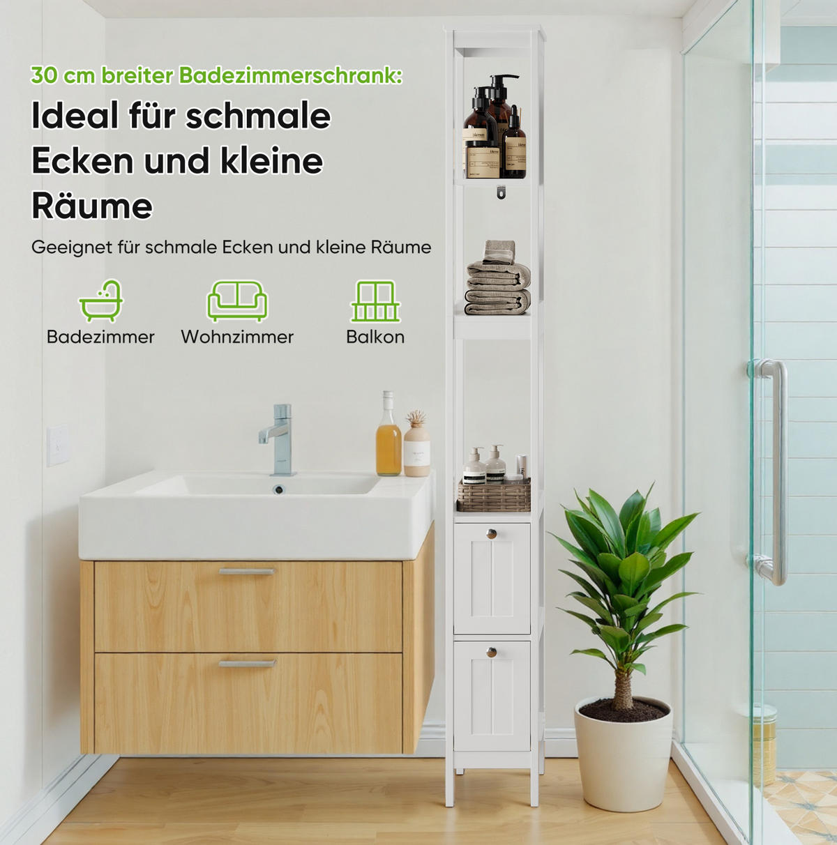 HOCHSCHRANK mit 2 Schubladen und 3 offenen Fächern, 20/30/160 cm, Weiß - Weiß, Holzwerkstoff (20/160/30cm) - Redom