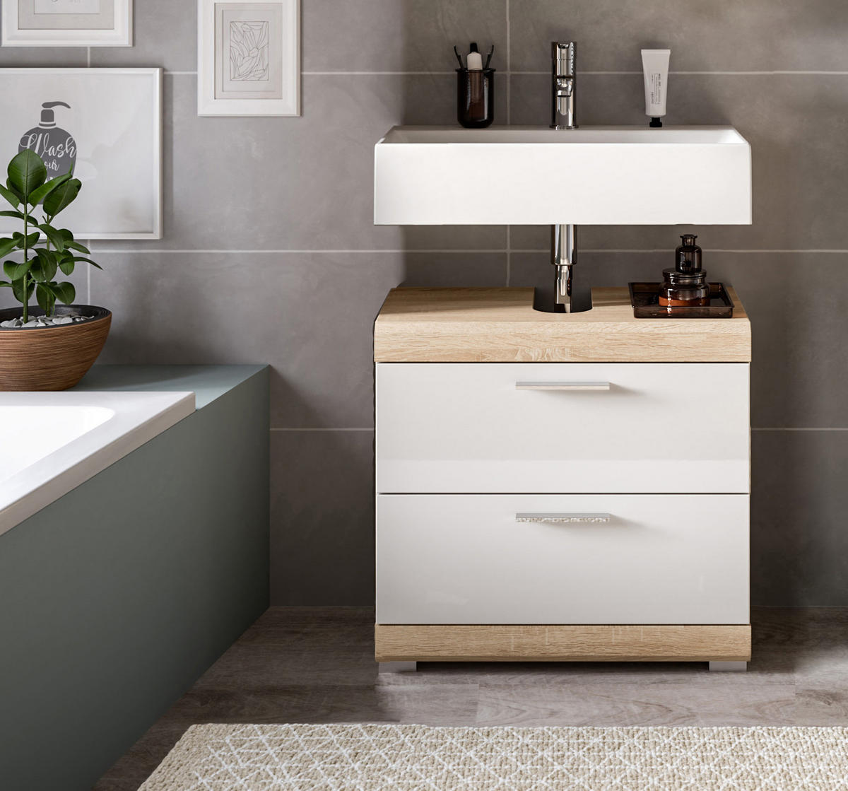 WASCHBECKENUNTERSCHRANK weiß Hochglanz, Eiche 60 cm mit Schubkästen - Weiß Hochglanz/Eichefarben, Holzwerkstoff/Kunststoff (60/56/37cm) - Inn.Furn