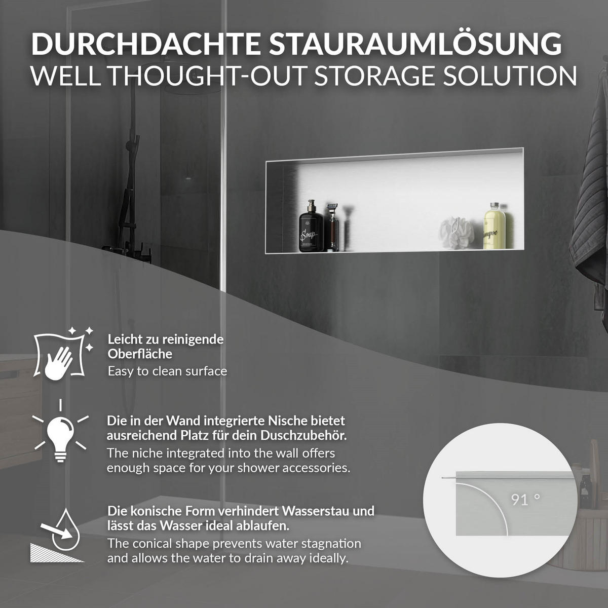 DUSCHNISCHE Silber 90/30 cm randlos - Silberfarben, Metall (90/30/10cm) - LuxeBath