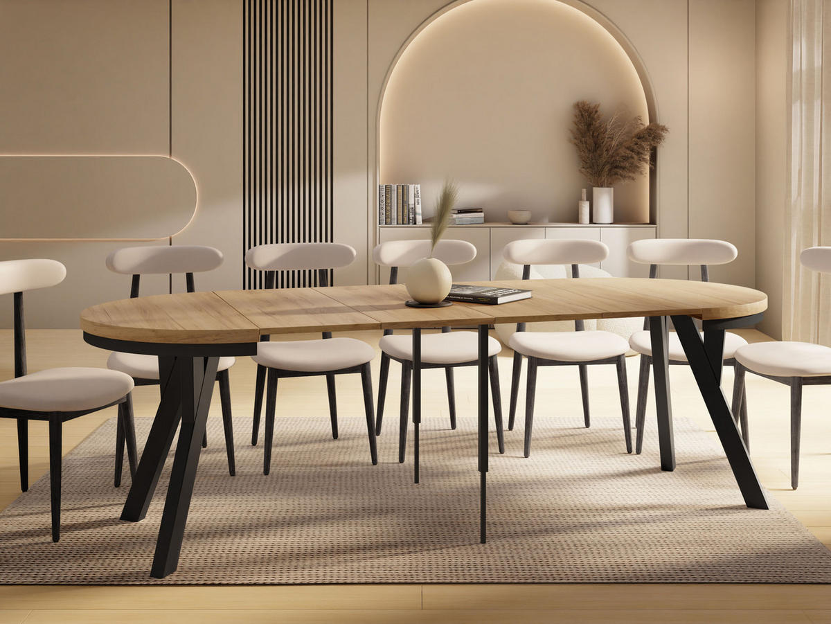 ESSTISCH Vero Neo rund ausziehbar verlängerbar, Eiche Braun 100-300/100/77 cm - Eiche Wotan/Schwarz, Holz/Holzwerkstoff (100/100/77cm) - WFL GROUP