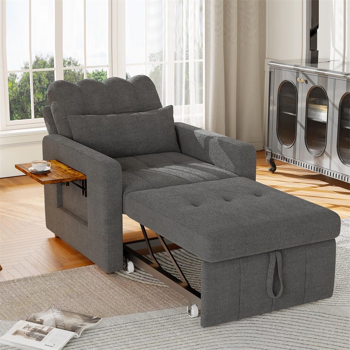 SCHLAFSESSEL mit klappbarem Ablagetisch und Seitentasche - Grau - Grau, Textil (85/86/108cm) - DELFA