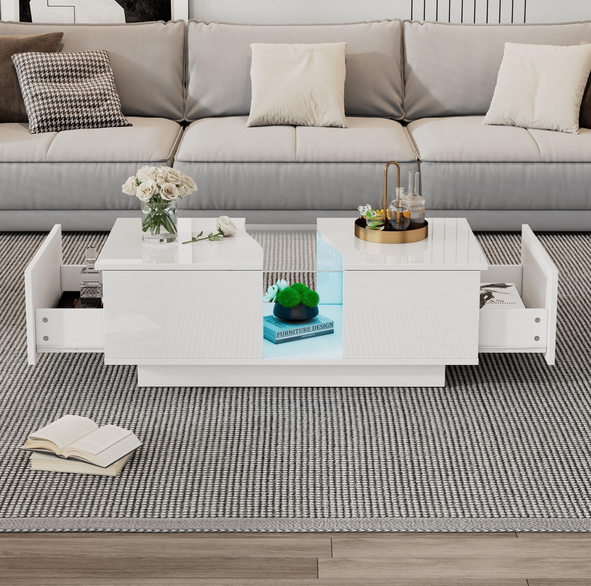 KONFERENČNÍ stolek, 100/50/35 cm bílý, vysoký lesk s LED osvětlením a 2 zásuvkami - bílá, kompozitní dřevo (100/50/35cm) - BEAOK