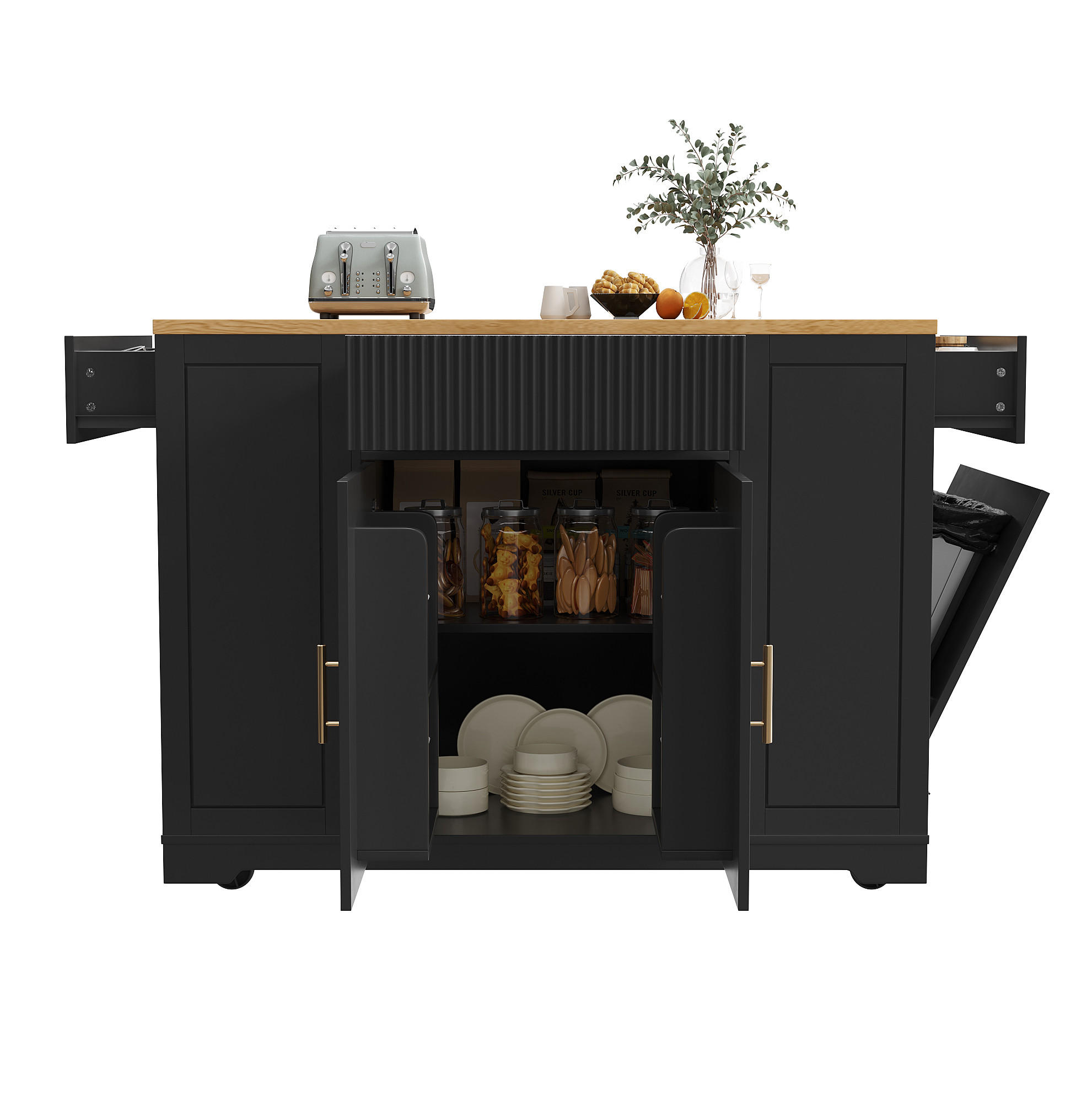 KÜCHENINSEL 120/50/92 cm aus MDF und Metall mit Rollen und Mülleimerfach Schwarz - Schwarz, Holzwerkstoff (120/92/50cm) - Modenvie