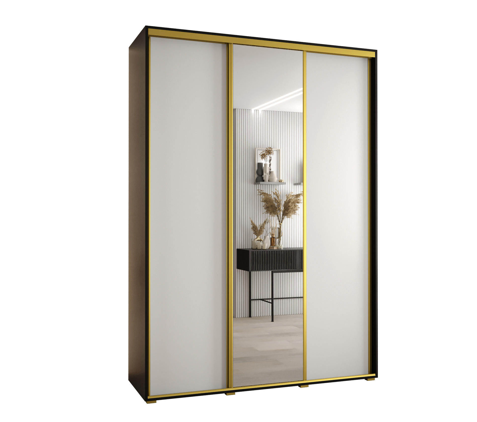 Abiks Möbel Schwebetürenschrank Schwarz, Weiß, Gold 180x235x45 cm