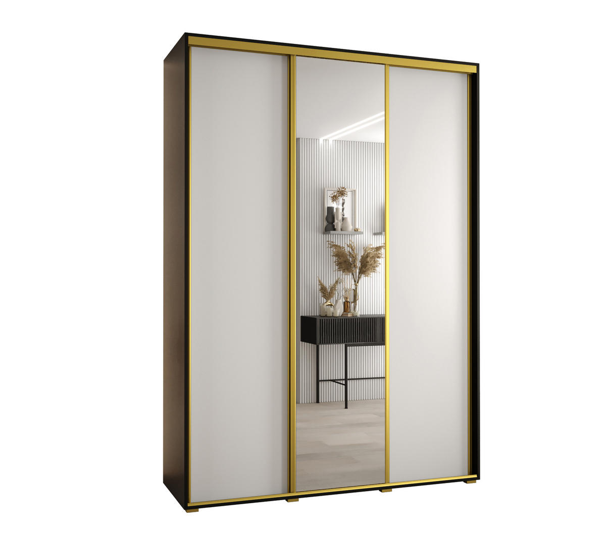 SCHWEBETÜRENSCHRANK 235,2/180/60 3-türig - Goldfarben/Schwarz, Holz/Metall (180/235/60cm) - Abiks Möbel