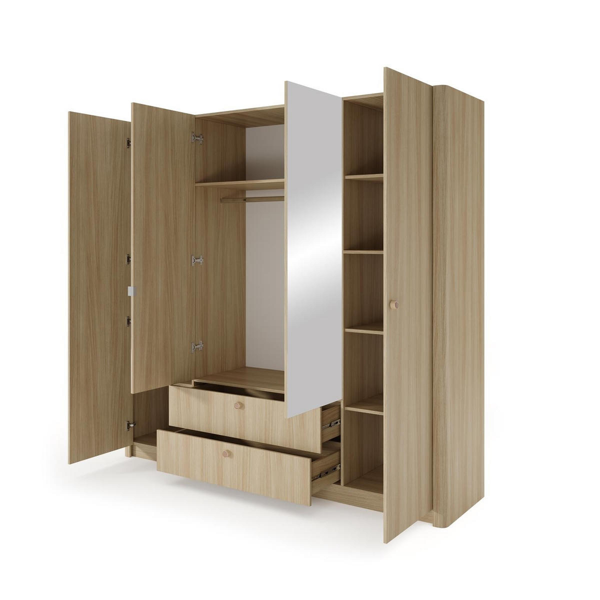 KLEIDERSCHRANK Mila Hellbraun, Viertürig mit Spiegel - Hellbraun, Holzwerkstoff (213/208/55cm) - Bettso