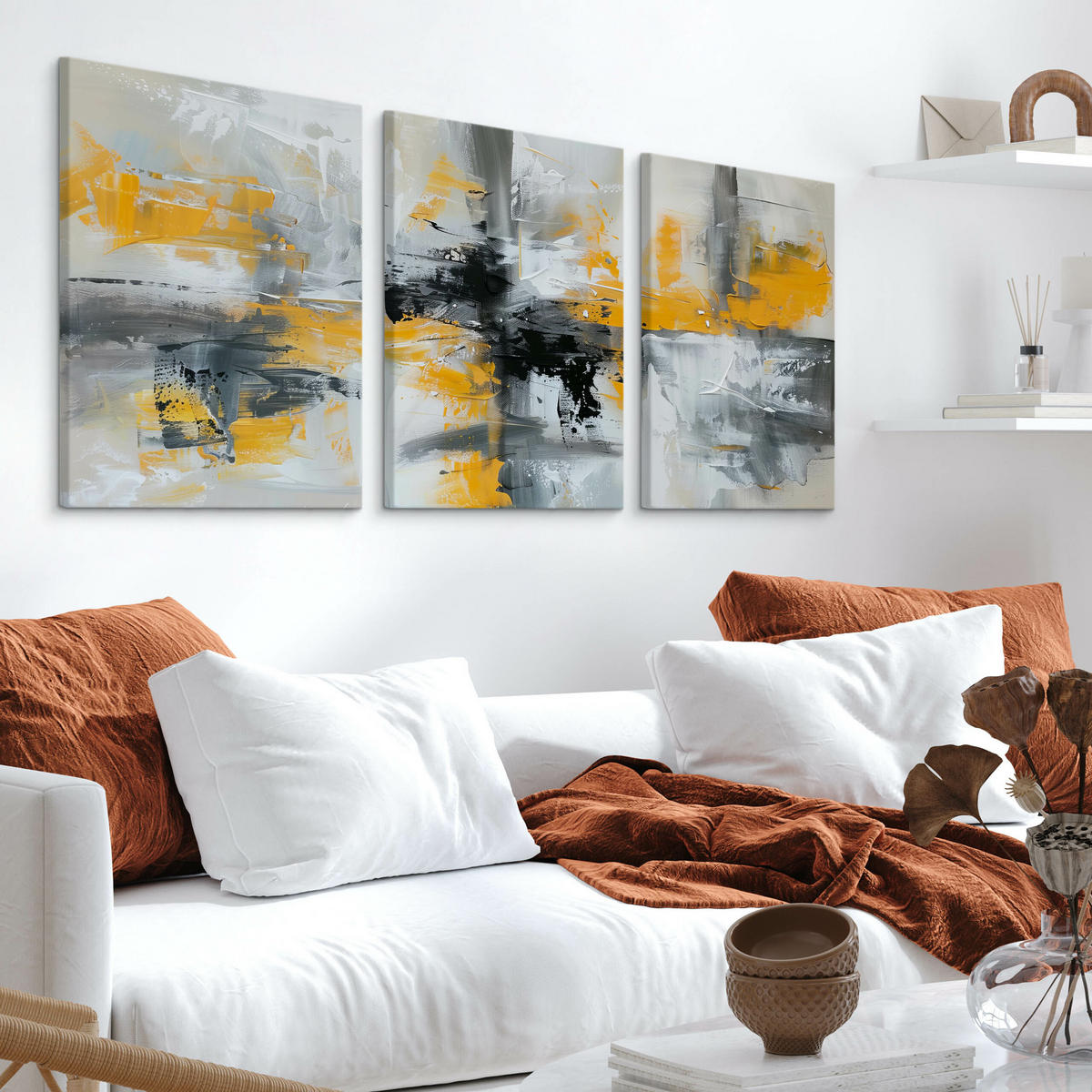 LEINWANDBILDER 3-es Set Abstrakte Kunst - Beige/Gelb, Textil (90/40cm) - Muralo